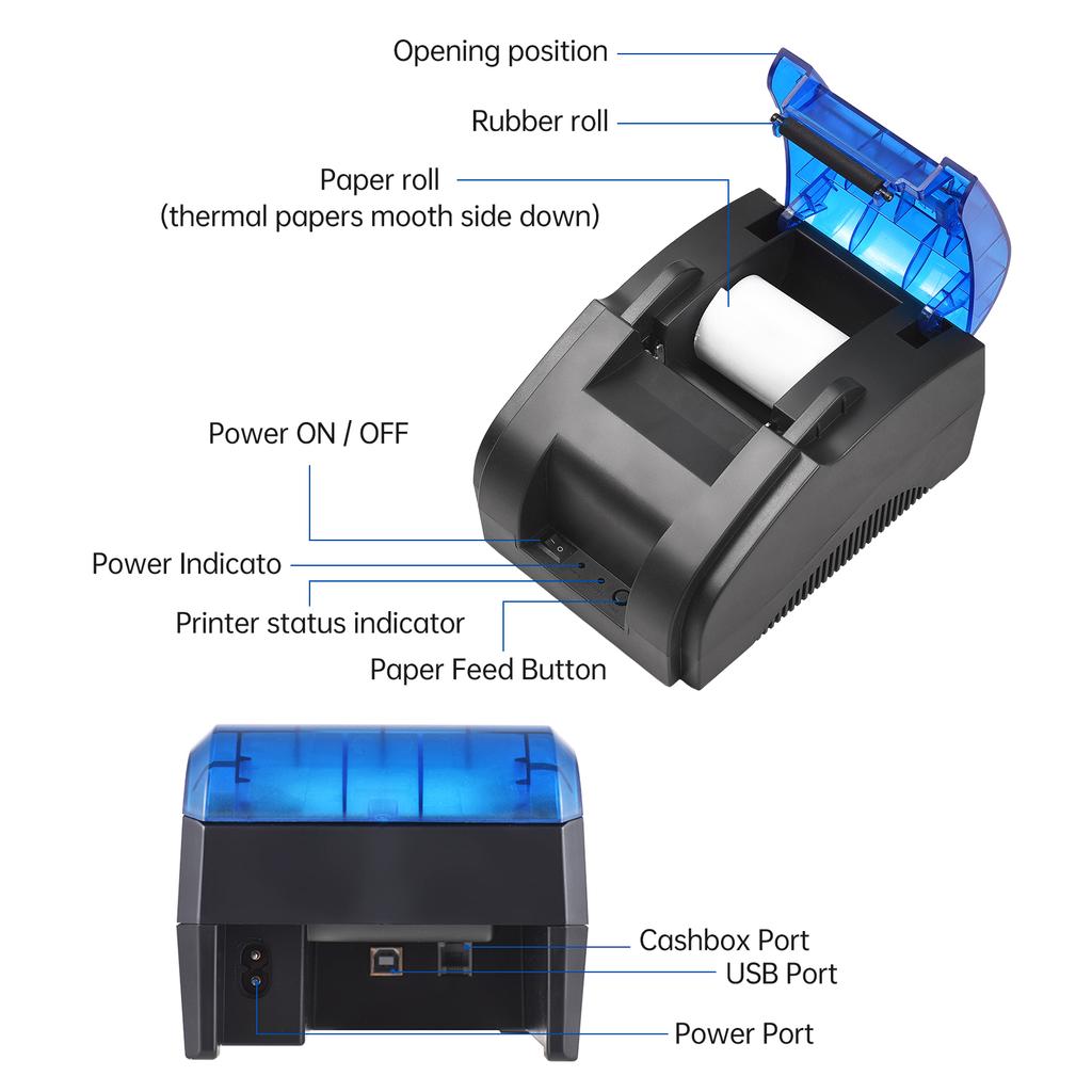 BISOFICE 58MM Desktop Receipt Printer USB+BT 203DPI Direct Thermal Printing Compatible with