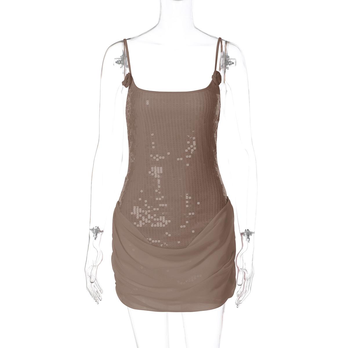 

Sexy Sequin Sleeveless Tube Mini Dress Mesh Patchwork Bodycon Party Dress L хакі