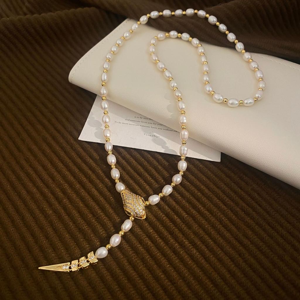Luxury Shiny CZ Zircon Snake Animal Style Natural Freshwater Pearl 14K Gold Filled Lady Sweater Chain Necklace Gifts