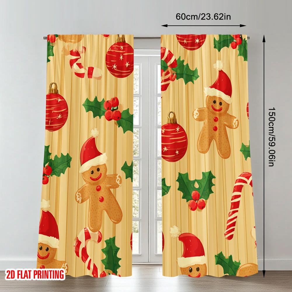 2pcs 2D flat printing Classic Christmas Curtains Christmas Holly Candy Ball Digital Printed Polyester Drapes Family Party Use