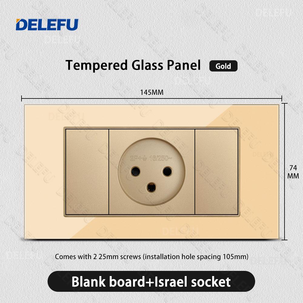 DELEFU Glass SC70 Panel 145mm Gold Israeli Standard USB C-type Fast Charging Wall Socket Switch TV Phone CAT5 CAT6