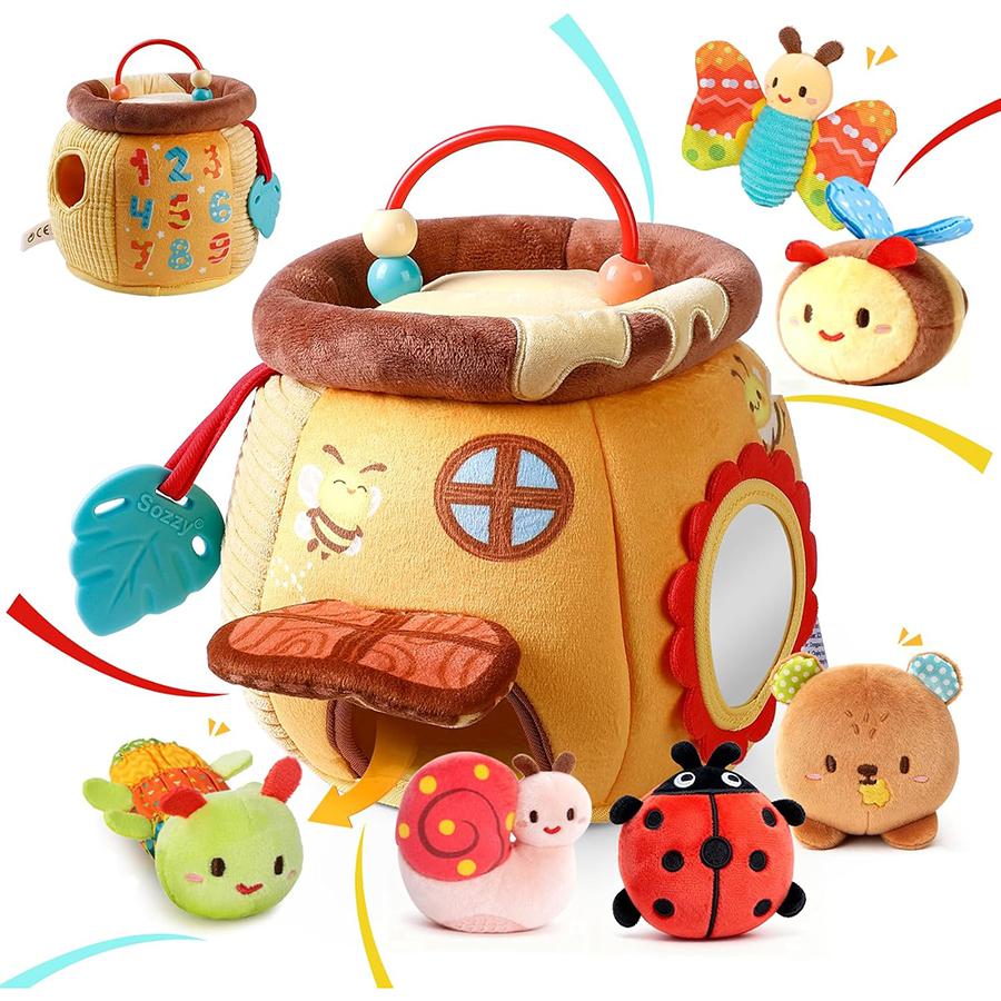 Baby Toys 6-12 Months, Barn Toys with Stuffed Farm Animals for Toddlers 1-3 Baby Plush Beehive wtih Rattles Squeaker Mirror
