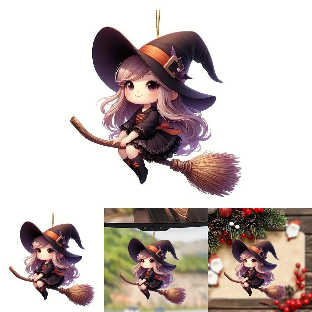 Halloween Cartoon Acryl Autoanhänger mit Hexenbesen für Fahrzeugdeko