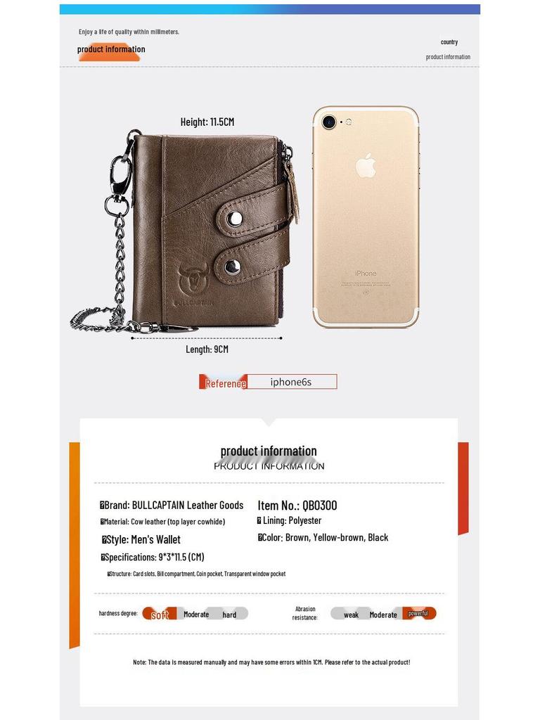 Cow Captain Vintage RFID Men's Trifold Zipper Wallet - Genuine Leather & Top Layer Cowhide