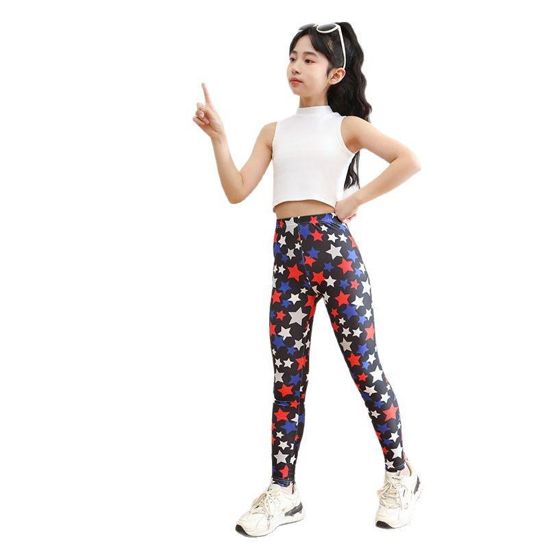 Dívčí legíny z mléčného hedvábí s potiskem - Jarní/letní tenké, elastické kalhoty slim fit pro děti