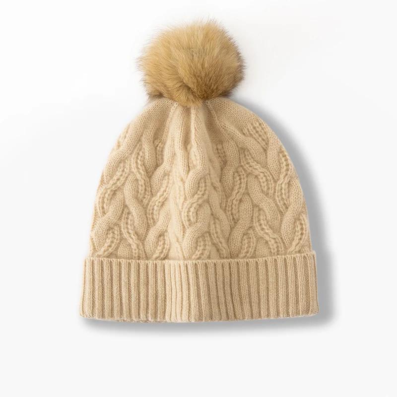 Women 100% Pure Cashmere Beanie Hat Pom Pom Detail Cable Knit Winter Warm Soft Slouchy Skullies Cap Cold Weather Accessory
