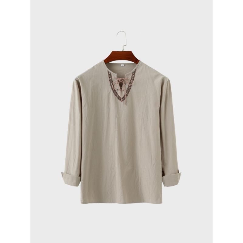 

Весна-Осень мужская свободная однотонная рубашка с длинными рукавами и завязками из хлопка и льна с воротником-стойкой, мужская рубашка Футболки мужские XXXL коричневый