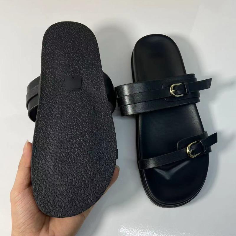 Mote Utendørs Sommer Strand Tøfler for Kvinne Rund Tå Mote Metallspenne Kvinnelige Flate Sko Myk Såle Lær Damer Sjøside Slides