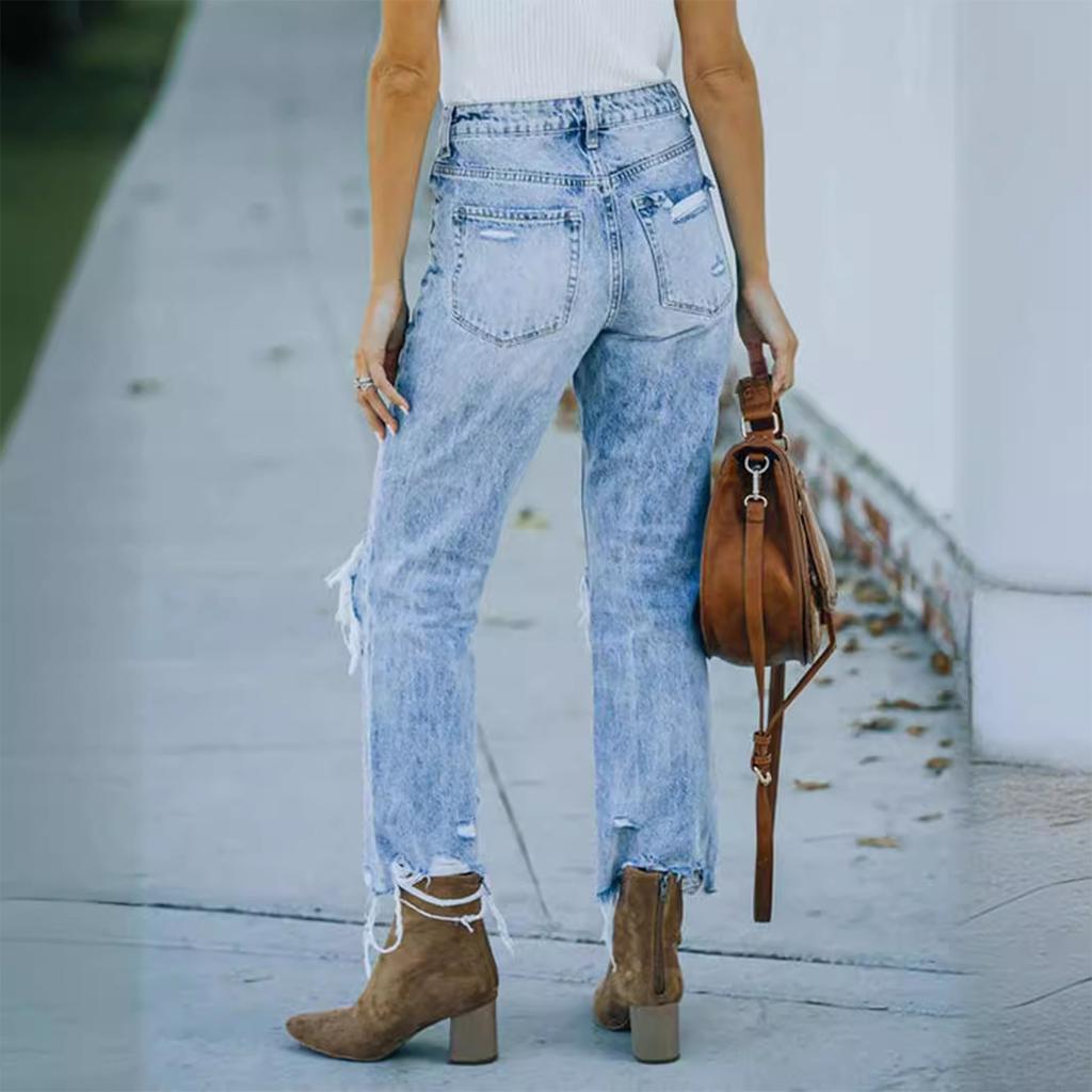 Women's High Waist Washed Women's Jeans Fashionable Versatile Straight Leg Pants