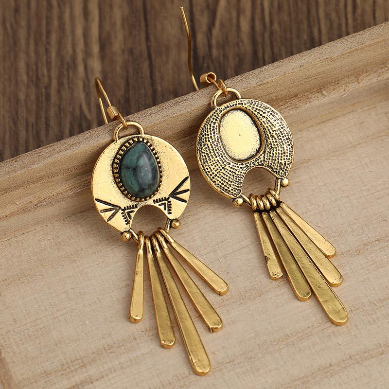 Elegant Turquoise Bohemian Earrings - Silver Plated, Golden Vintage Carving, Tribal Dangle Design - Chic Gift for Women
