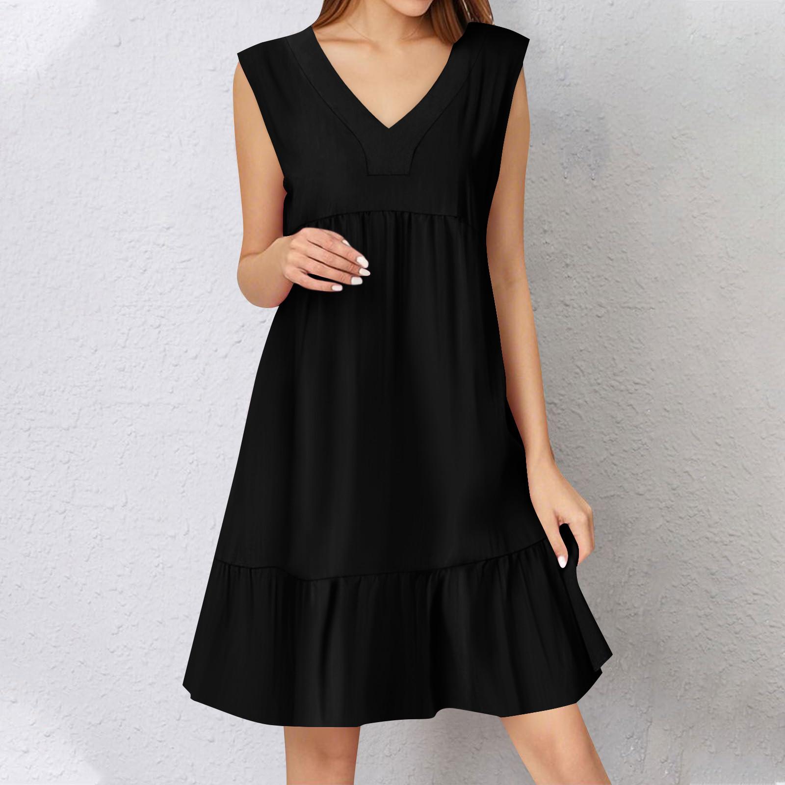 

Womens Summer Dress Sleeveless V Neck Short Dresses Fashion Casual Flowy Boho Ruffle A Line Swing Sundress L чорний