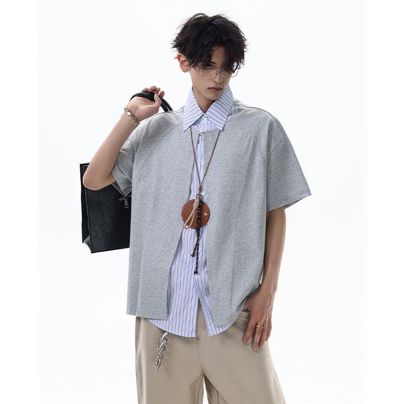 

Acrardic2025 Design Sense Stripe Fake Two Pieces Short sleeve Shirts Men s American Cleanfit Casual Shirt Gray XL