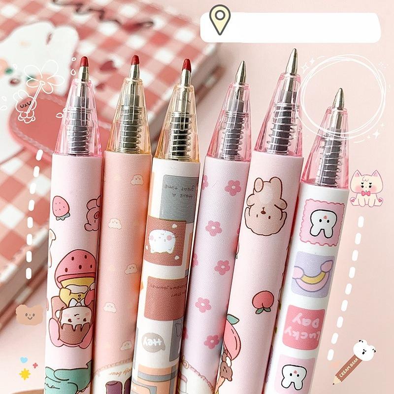 4Pcs Cute Cartoon Design Ballpoint Pen 0.5mm Writing Neutral Pen Press Type Rollerball Pen Learning Office Supplies