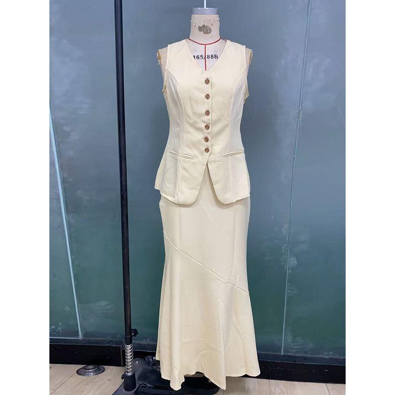

Tank Top and Skirt Set Western Style Fashion Temperament Sleeveless Vest Top Skirt Two-piece Set Apricot color XL