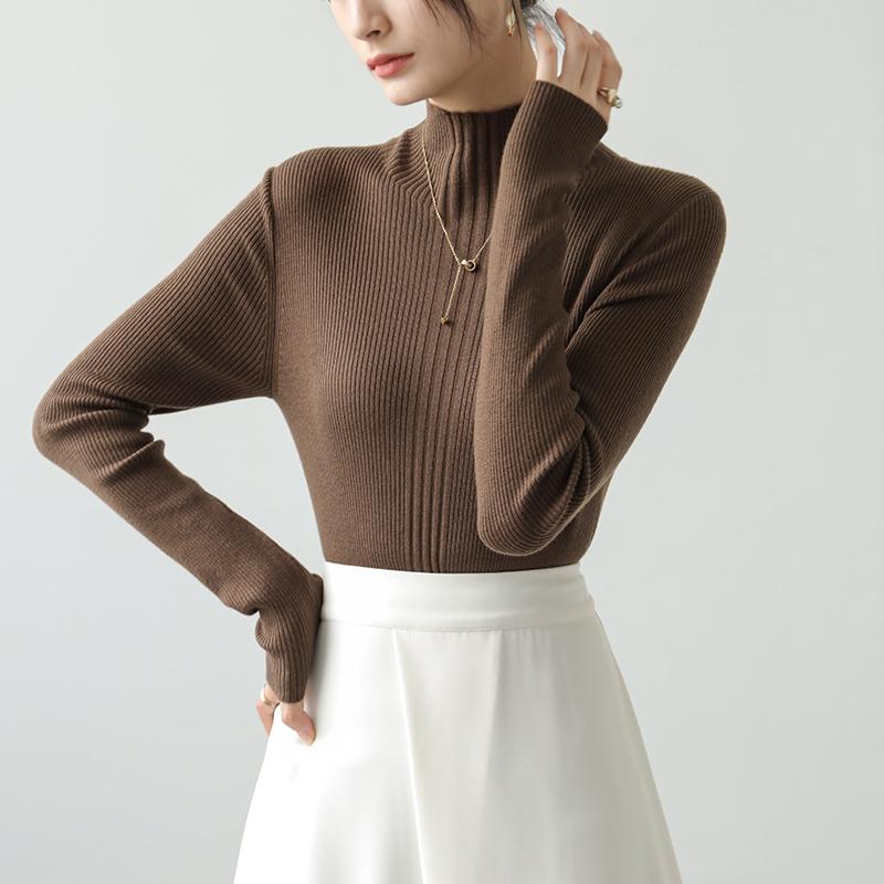 Autumn Long Sleeve Casual Base Knitted Women's Sweater Winter Thin Half High Collar Pullover Sweaters Women Solid Slim Female Knitwear Jumpers 25816