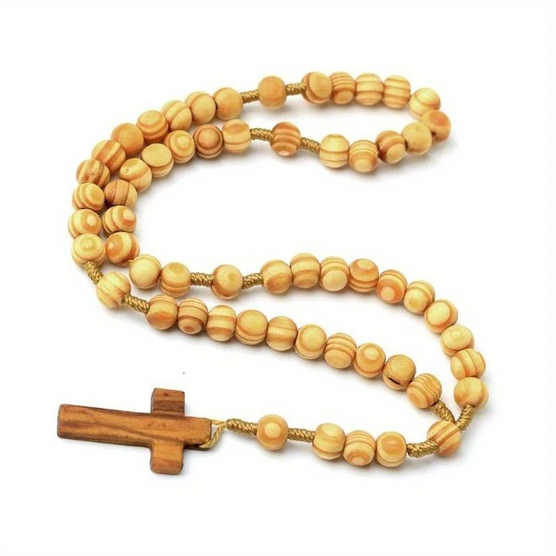 1pc Vintage Wood Rosary Beaded Jesus Cross Wooden Pendant Necklace for Women Men Fashion Religious Jewelry