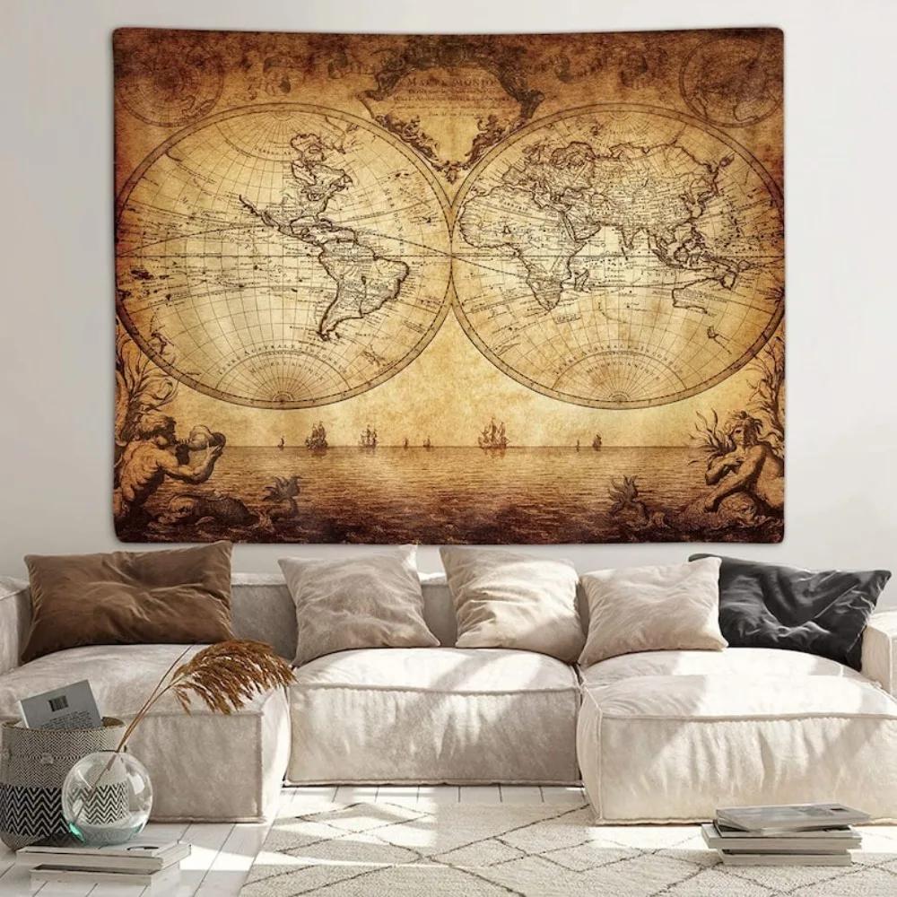 Vintage World Map Tapestry, Antique Double Hemisphere Nautical Print, Retro Wall Hanging For Living Room & Study