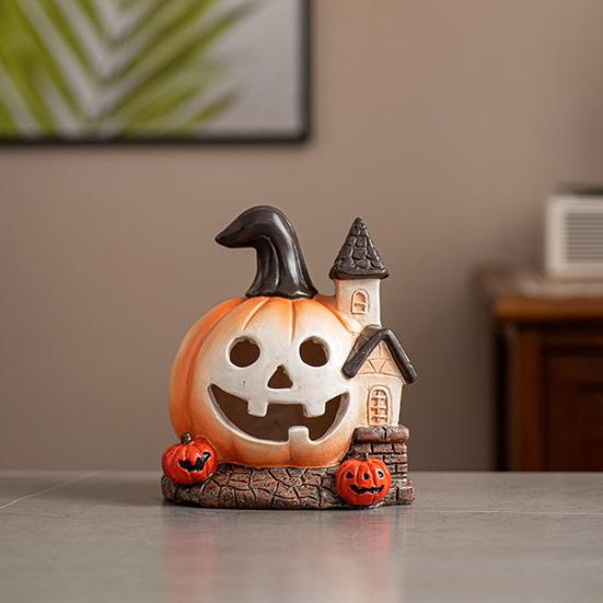 Yousheng Halloween Pumpkin Figurine Spooky Mini Pumpkin Castle Statue Resin Tabletop Ornament for Halloween Porch Mantel Table Decor