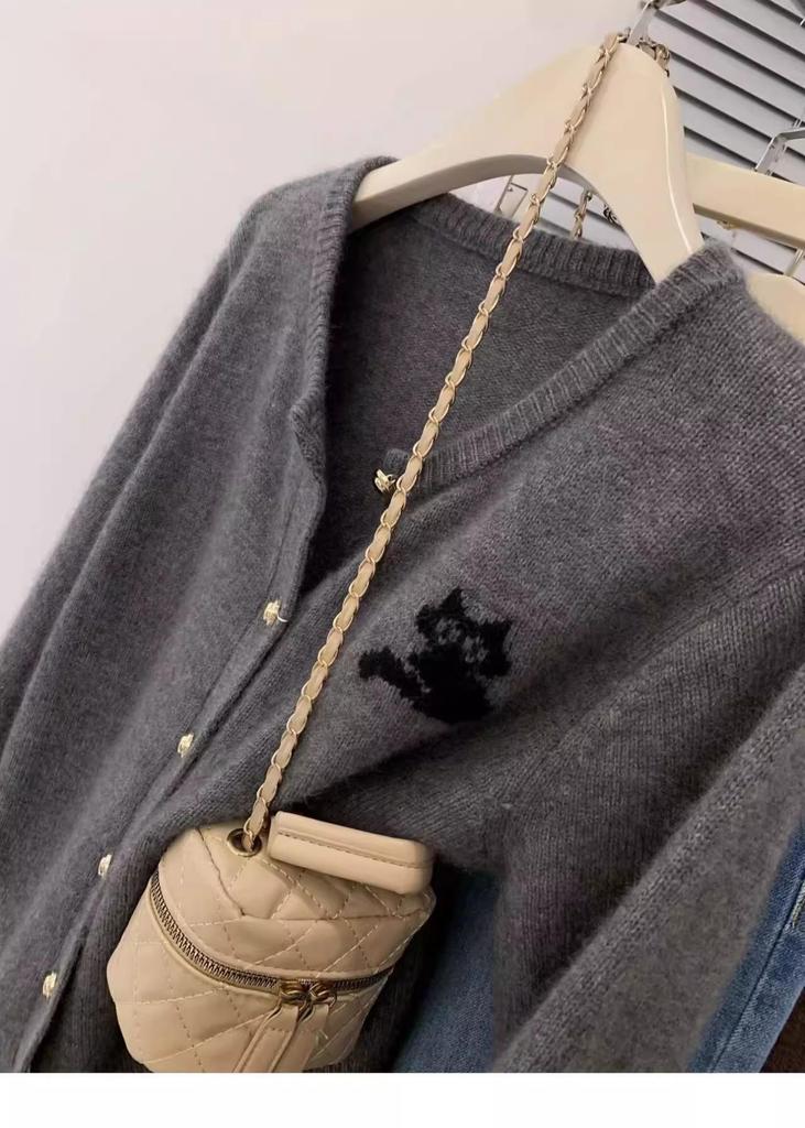 Women's Black Cat Embroidered Grey Merino Wool Cardigan Sweater