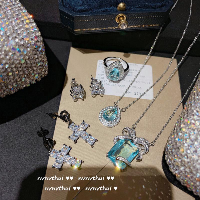 Bright Jewelry Aquamarine Necklace Plated 18K Gold Eight Hearts Eight Arrows Water Drops Zircon Flash Diamond Neck Chain Ring Pendant