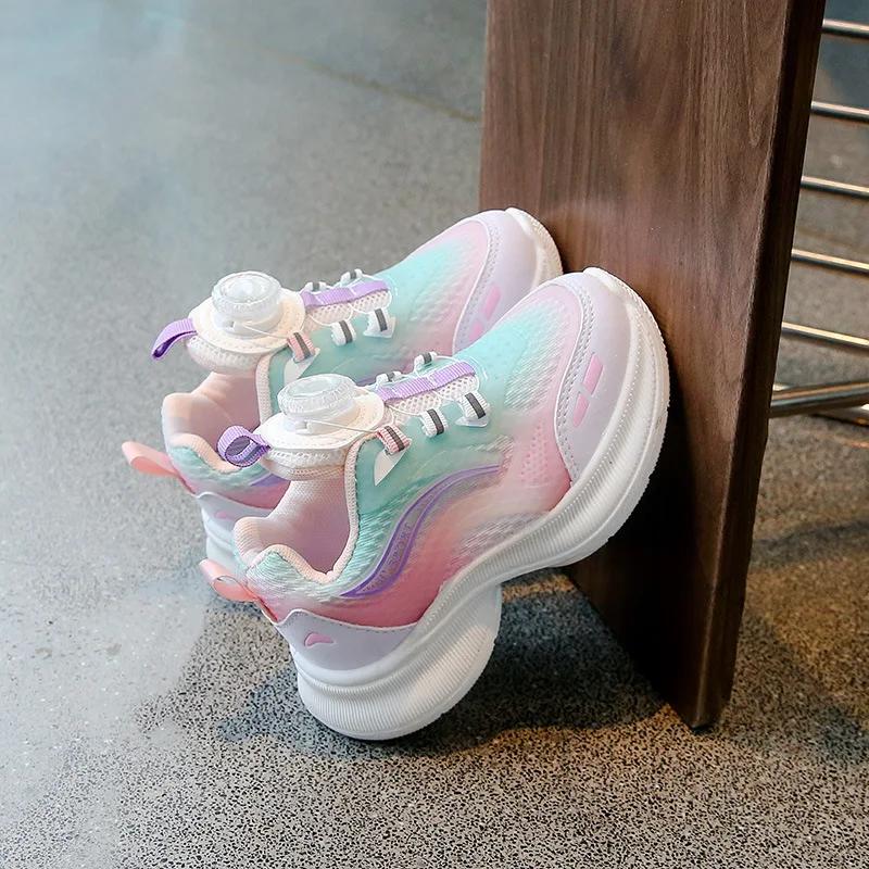 

Kids Sports Shoes Gradient Color Boys Girls Sneakers with Rotating Buttons 2024 New Fashion Children Running Shoes Soft Sole 26 розовый