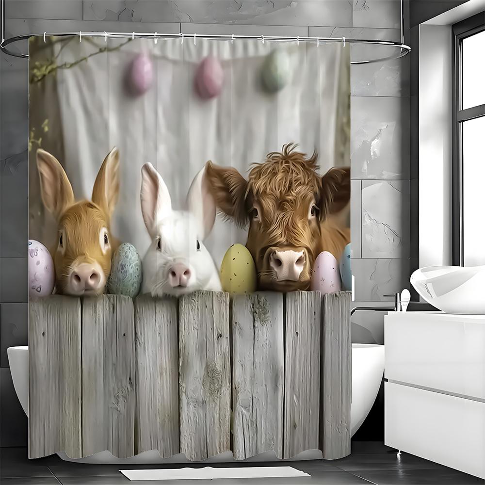 Osterhase Kalb Ei Duschvorhang, Badezimmer Dekorativer Duschvorhang, Wasserdichter Duschvorhang mit Haken