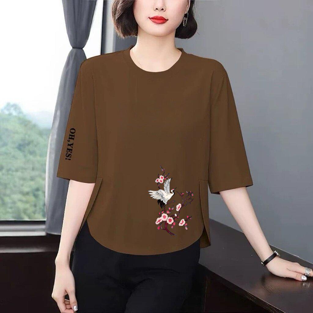 T-shirt da Donna Elegante di Alta Gamma con Maniche a 3/4 Stampate - Vestibilità Larga, Valorizza la Pancia, Anti-Età per Donne di Mezza Età e Anziane