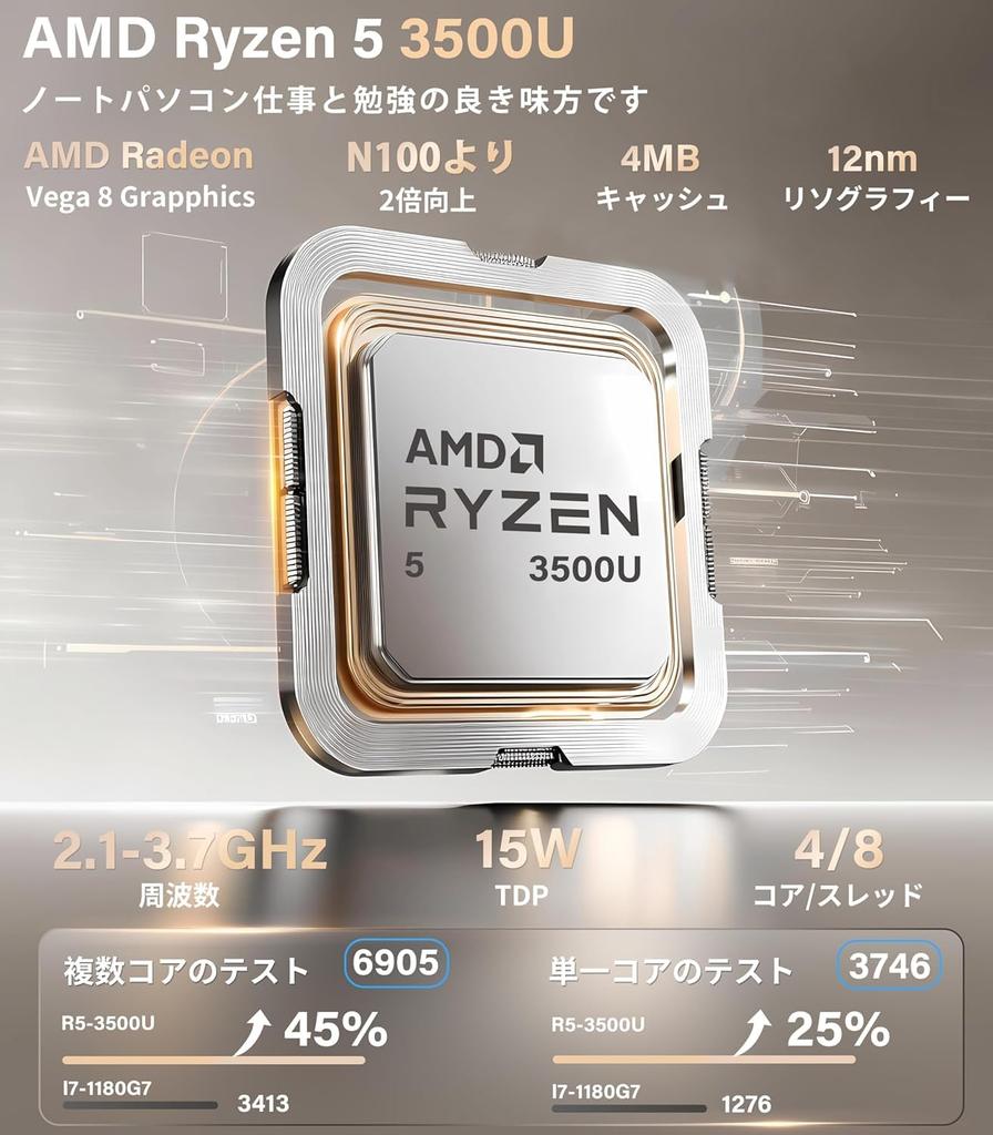 Lightweight and Slim Laptop with Office 2024 and Windows 11 AMD Ryzen 5 3500u 16GB LPDDR4 Memory 512GB NVMe 1920x1080 IPS Mini Bluetooth and Two USB