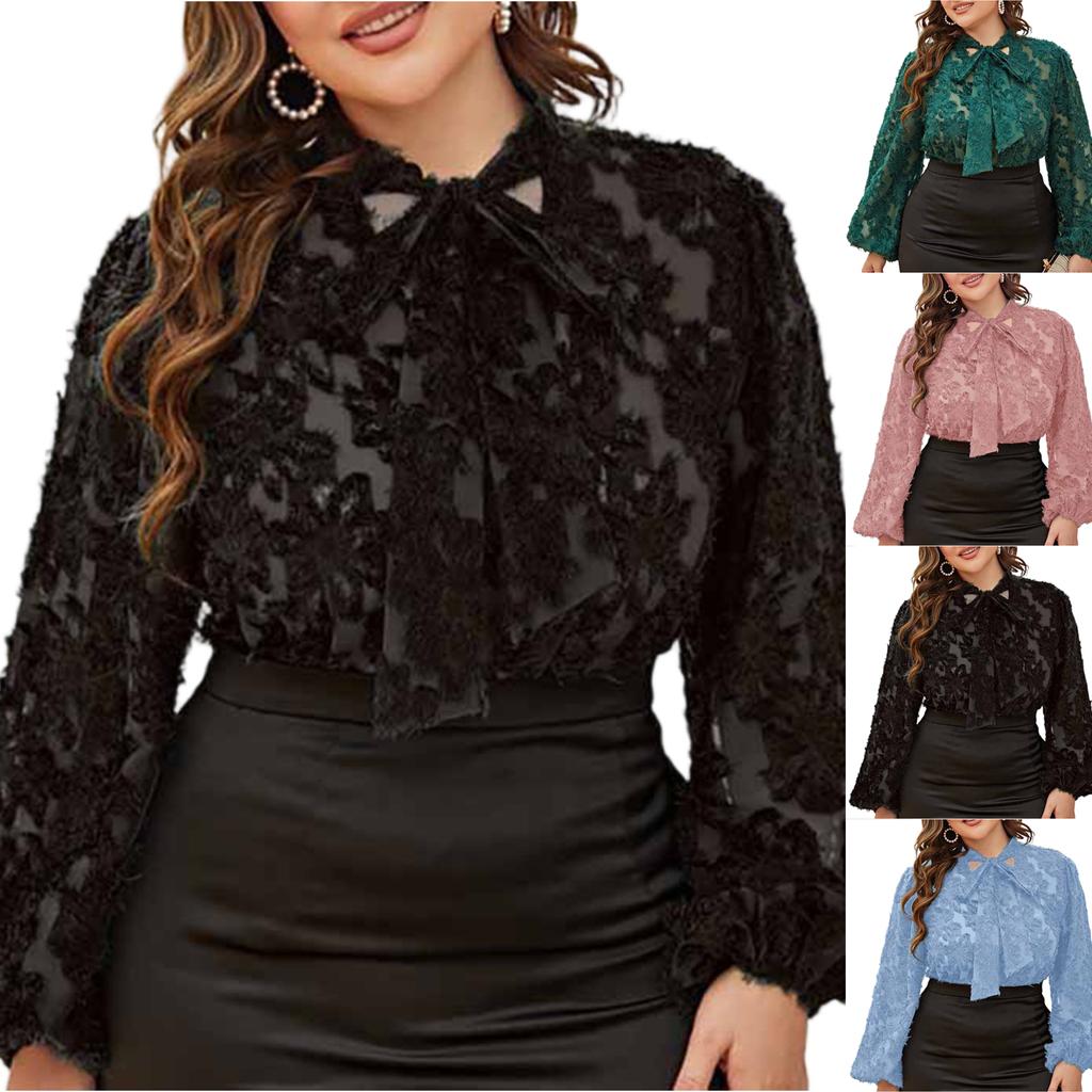 Plus Size Women's Loose-fitting Bow Long-sleeved Top For Commuting