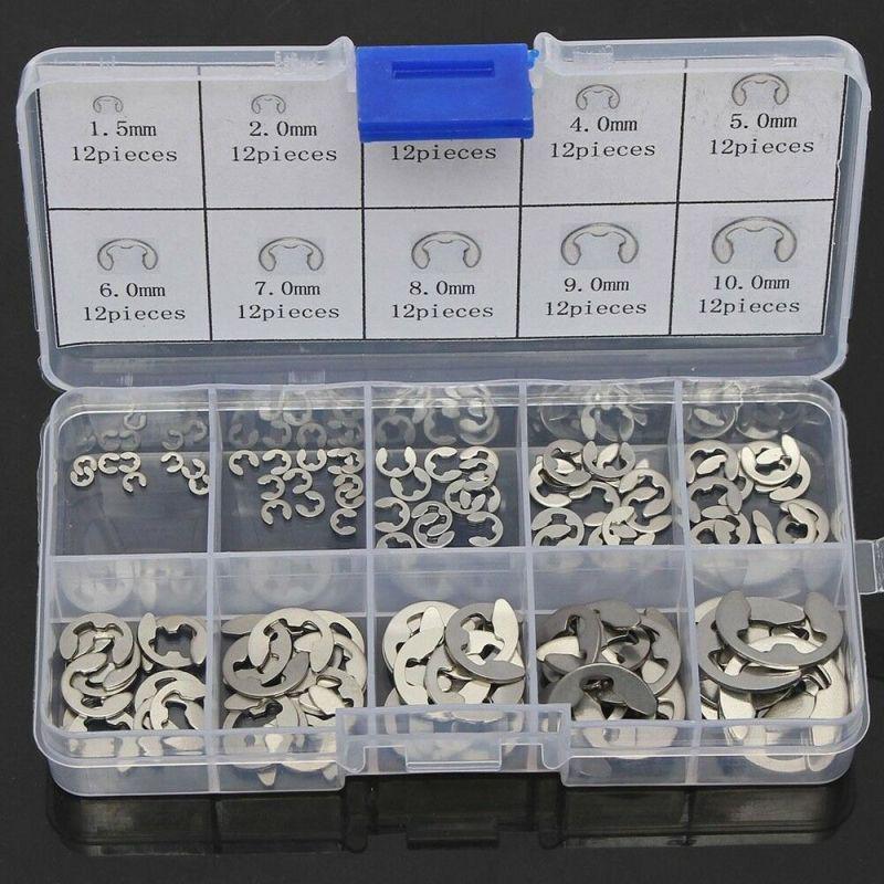 120Pcs 304 Stainless Steel E-Clip Retaining Circlip Assortment Kit 1.5mm to 10mm(Box Packing)