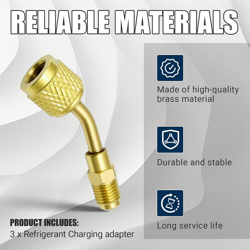 Brass 45° 3Pcs Refrigerant Charging Adapter Fit for R-32/R-454B A2L Tank | 1/4" Left Hand Female To 1/4" Right Hand Male