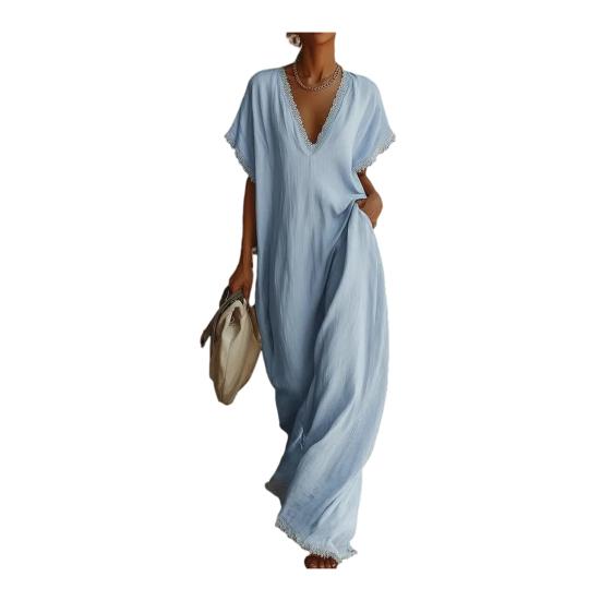 Damen V-Ausschnitt Maxikleid Sommer Baumwolle Leinen Fließend Strand Sonnenkleid Spitzenbesatz Lässig Locker Lang Kleid mit Taschen