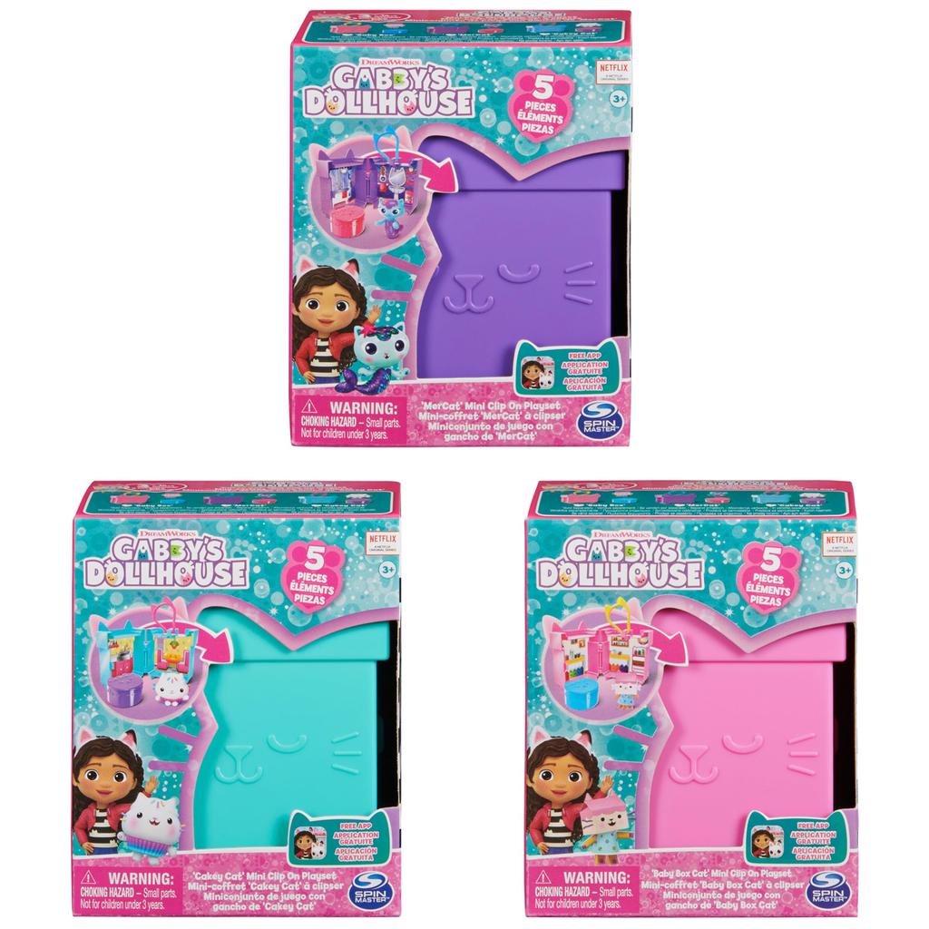 Gabby's Dollhouse Clip-On Playset (3-Piece Set) Includes Cake Pan, Baby Box, Mercat Toy Figure, and Dollhouse Accessories, Ages 3+
