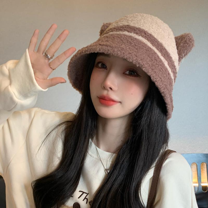 Korean New Autumn and Winter Hat for Women Cute Little Bear Two color Splicing Fisherman Hat In Winter Warmth To Show The Face Small Basin Hat Thick