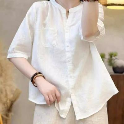 Women S Cotton Linen Short Sleeve Plain Shirt Loose Casual Blouse