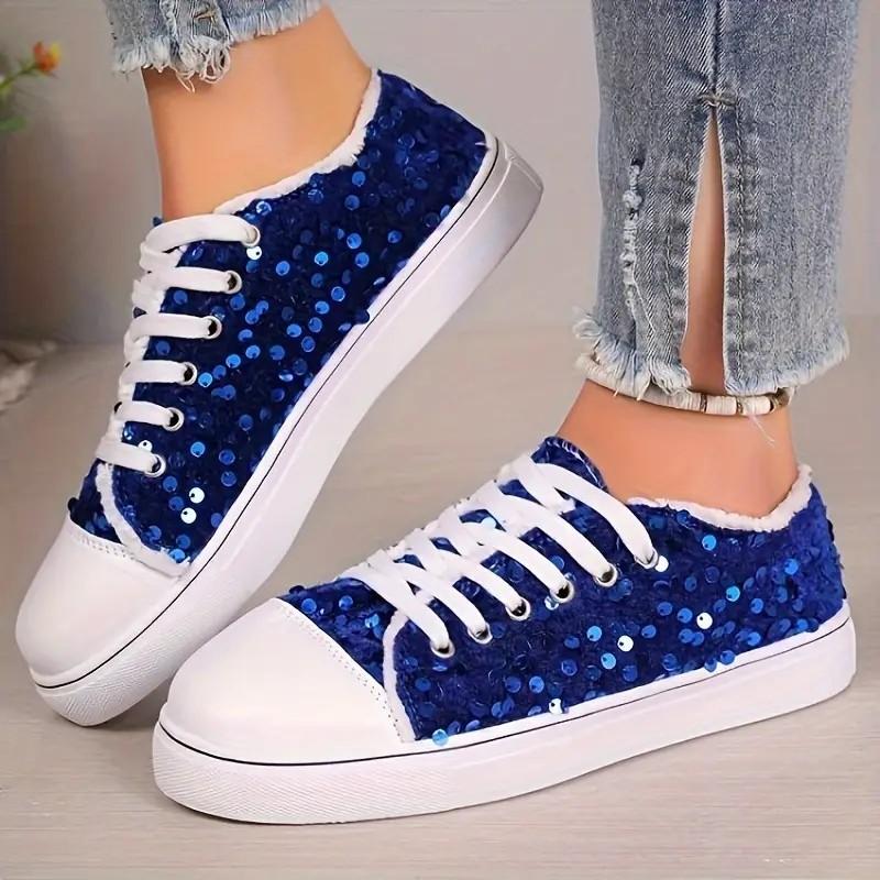 Mode Damen Einzelne Schuhe Übergröße Frühling Herbst Neue Mode Sneakers Runde Spitze Flacher Boden Schnürung Pailletten Freizeitschuhe Größe 36-43