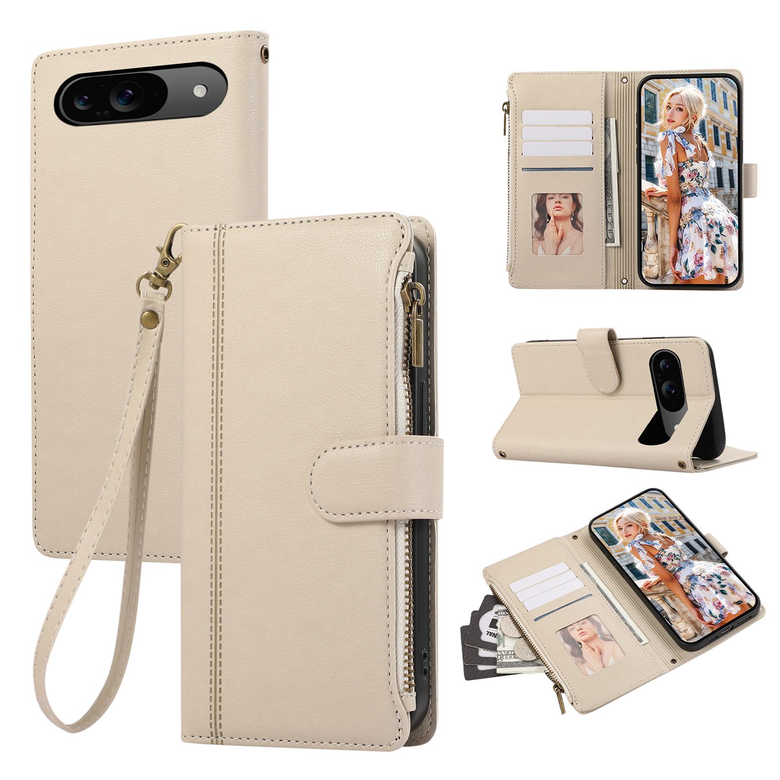 

For Google Pixel 9/Pixel 9 Pro Case Multi Card Slots Zipper Leather Phone Cover with Wrist Strap Beige
