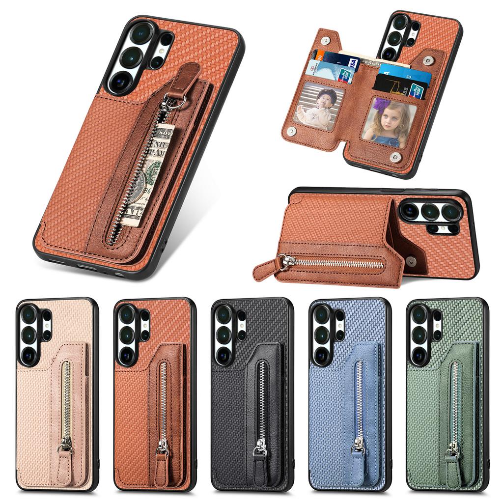 Portafoglio in Pelle con Cerniera Business Slot per Carte Custodia Telefono Per Samsung S25 Ultra S24 Plus S23 A17 A07 Cavalletto Copertura RFID