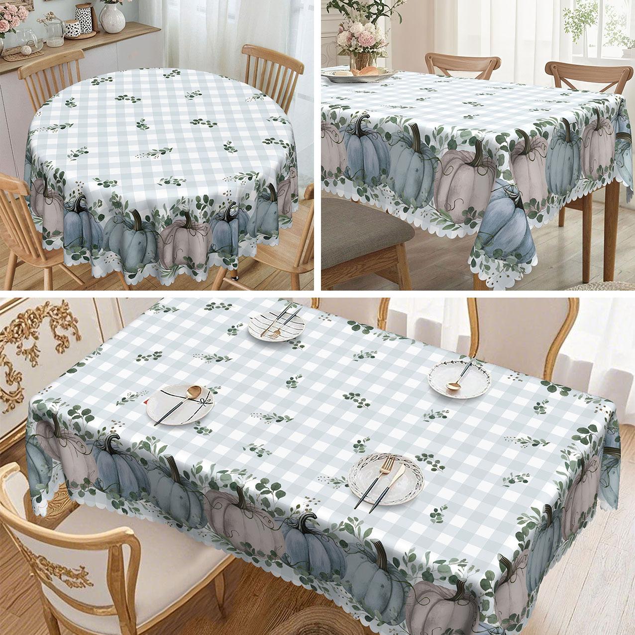 Thanksgiving Blue And White Plaid Pumpkin Tablecloth - Rectangular Round, 100% Polyester Fabric For Long Tables round tablecloth-152x152cm