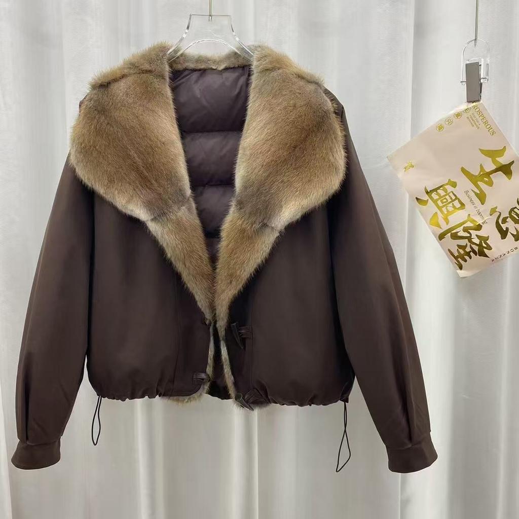New winter mink fur collar down jacket short loose thickened pie overcome green root mink fur goose down jacket