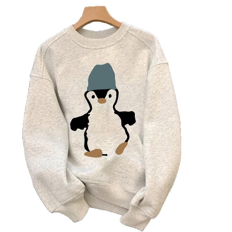 Autumn and winter retro high street Hong Kong style printing women's 2025 new velvet thickened versatile crew neck loose sweater men
