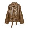 Womens Faux Leather Short Trench Coat Square Neck Loose Fit Casual Urban Style