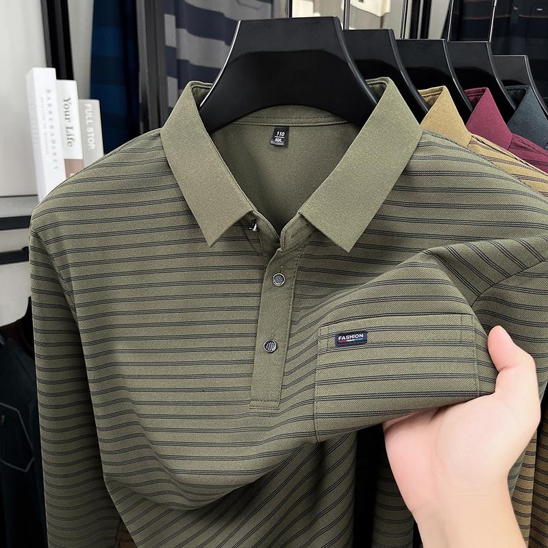 Men's Polo Shirt Lapel Long Sleeve T-Shirt Autumn Striped Pocket Fashion Business Classic Versatile Menswear