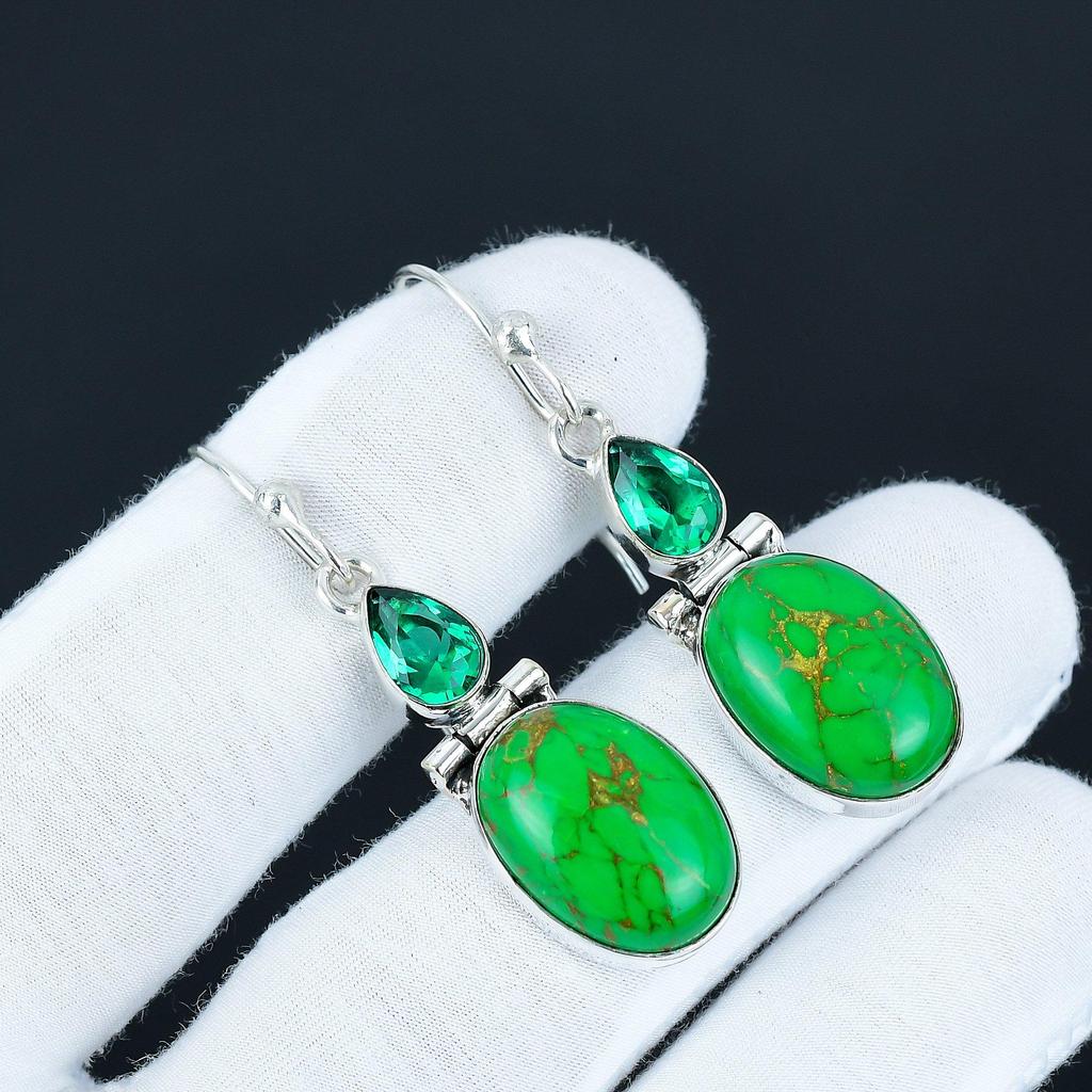 Green Copper Turquoise & Green Apatite Earrings, 925 Sterling Silver Earrings, Antique Gemstone Jewelry, Dangle Drop Earrings For Women's
