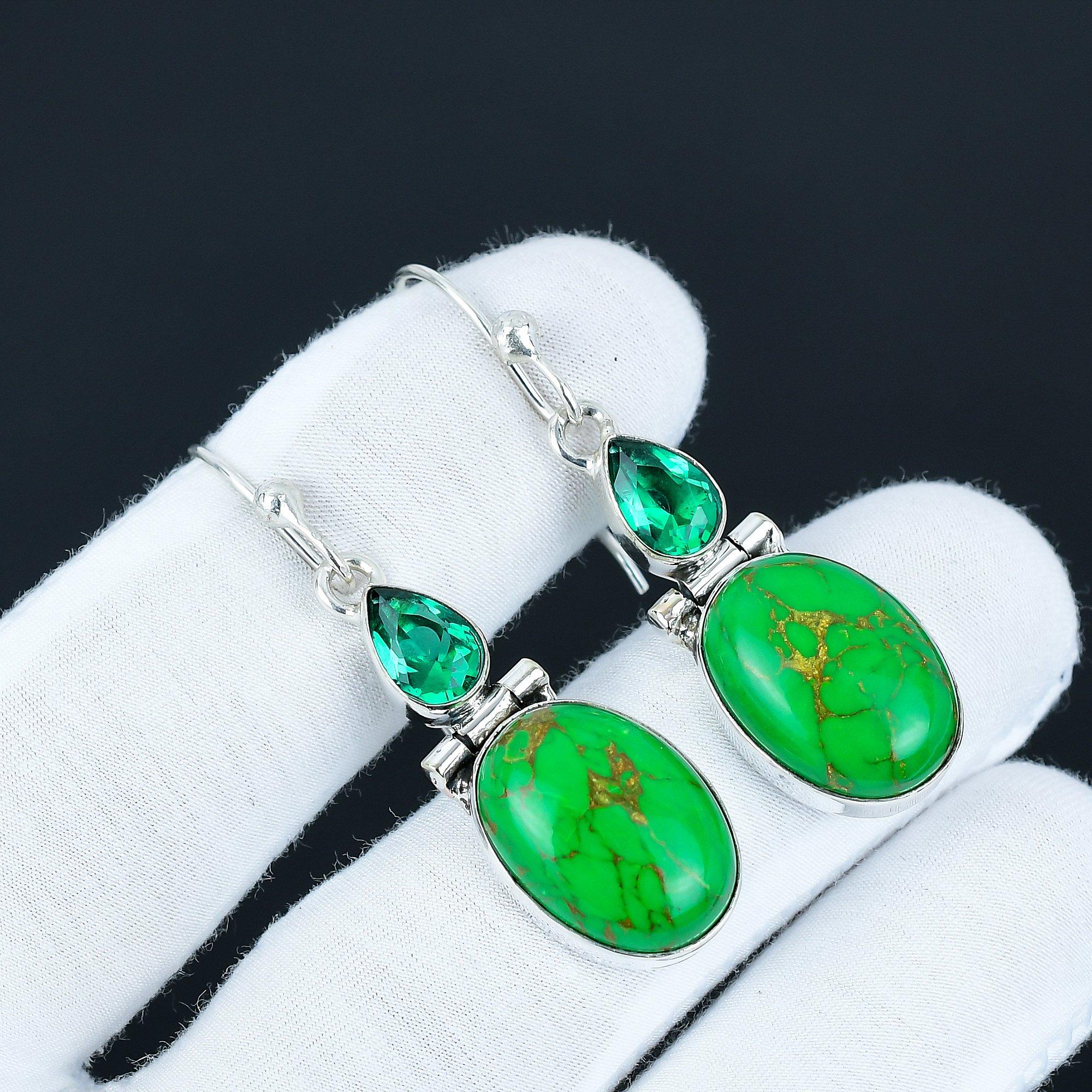 

Green Copper Turquoise & Green Apatite Earrings, 925 Sterling Silver Earrings, Antique Gemstone Jewelry, Dangle Drop Earrings For Women s 5.5 Cm зелёный