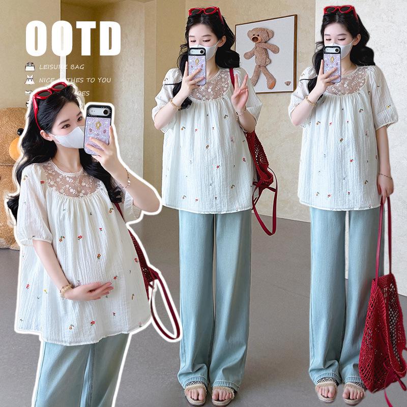 Korean Maternity Lace Floral Chiffon Puff Sleeve Shirt - Summer Loose Fit Belly Covering Top 2XL