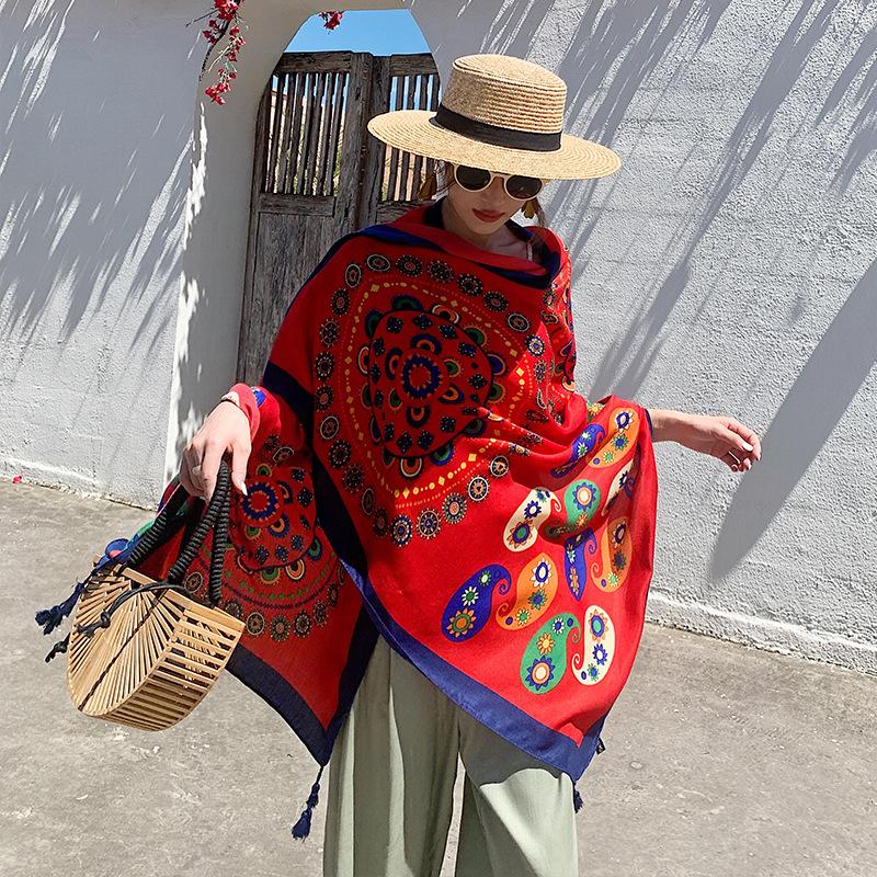 Ethnic Shawl Scarf Seaside Sunscreen Beach Silk Scarf Red Big Yarn Women'S Desert Travel Ladies Po Accessories Ladies
