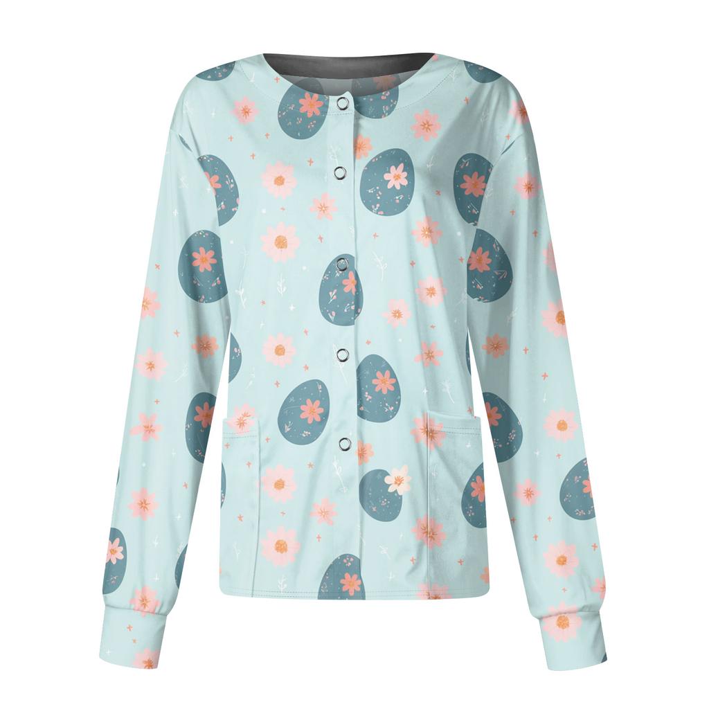 Damen Casual Mode Langarm Stehkragen Einreiher Pflanzenprint Uniformjacke Top