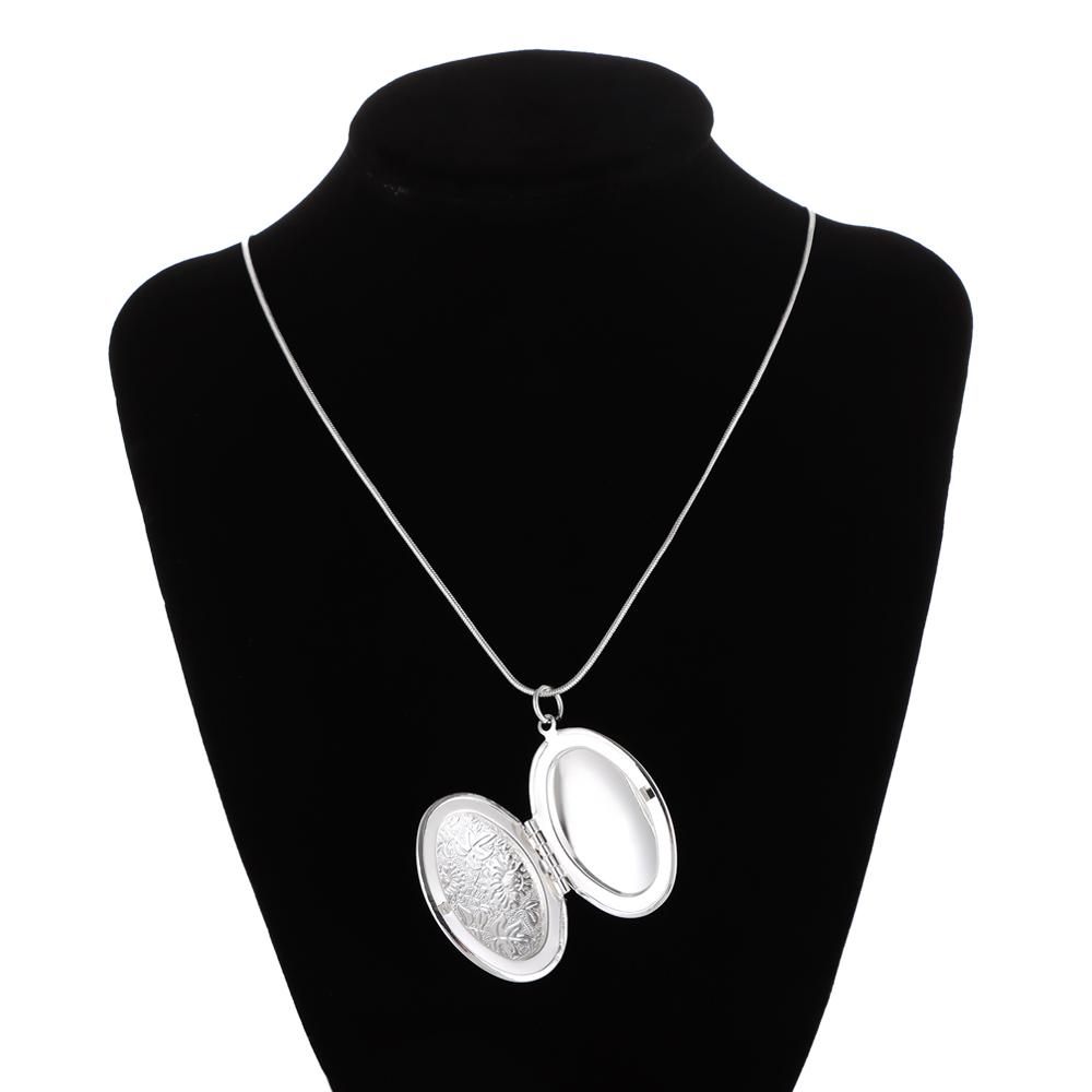 Fashion Jewelry Women’s Photo Locket Necklace Round Box Pendant Silver Plated