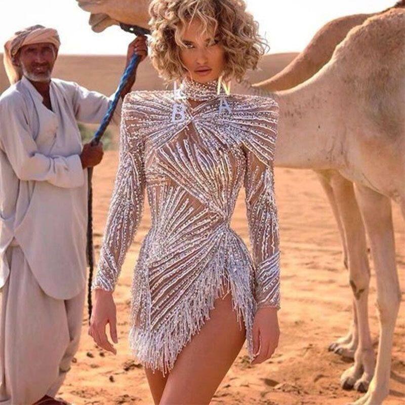 

Cross-Border Spring and Summer New European and American Women s Fashion Sexy Long-Sleeved Dress with Gold and Silver Tassels and Slit Evening Gown Silver S